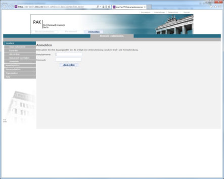 Dieser Screenshot zeigt die Oberfläche des Dokumentenservers angepasst an die Optik der Rechtsanwlatskammer Berlin.